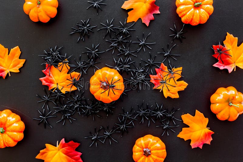 Nice halloween background. Small spiders among leaves and pumpkins on black top view pattern