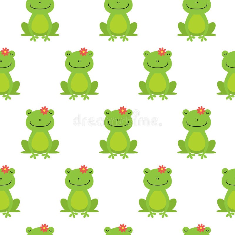 Nice happy cartoon seamless vector pattern with frogs and flowers. Flat style. Tadpole cute vectors