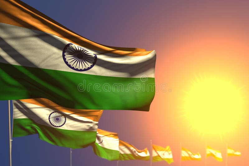 Nice Holiday Flag 3d Illustration - Many India Flags on Sunset Placed  Diagonal with Selective Focus and Space for Your Text Stock Illustration -  Illustration of hindustani, pole: 185639197