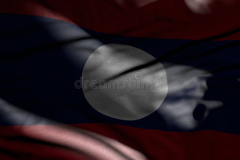 Nice illustration of dark Lao People Democratic Republic flag with folds lying in shadows with light spots on it - any celebration stock illustration Nice illustration of dark Lao People Democratic Republic flag with folds lying in shadows with light spots on it - any celebration stock illustration