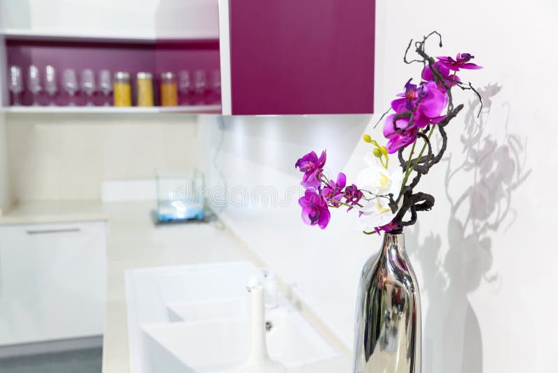 Nice Kitchen Interior with Orchid Flower Stock Photo Image of mustard