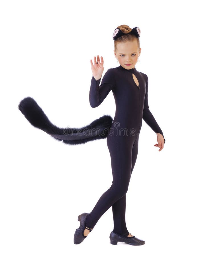 Dancer, little girl dressed as black cat. on white background. Dancer, little girl dressed as black cat. on white background