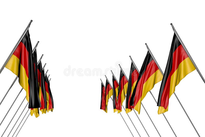 Nice Many Germany Flags Hangs on Diagonal Poles from Left and Right