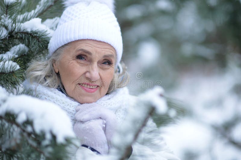 Nice Old Woman in a Fur Coat in the Winter Stock Photo Image of love