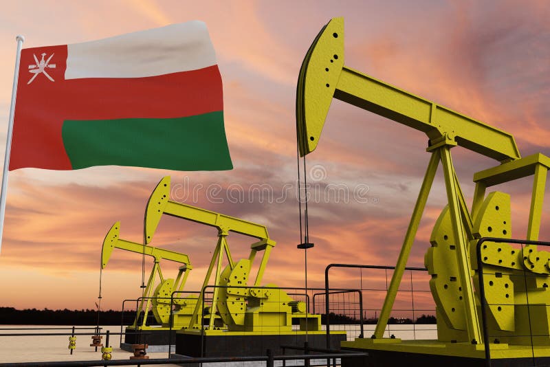 Nice pumpjack oil extraction and cloudy sky in sunset with the Oman flag royalty free stock photography
