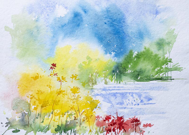 Nice watercolor painting of spring, red flowers with bright yellow plants on full bloom in the morning. Hand painted watercolor