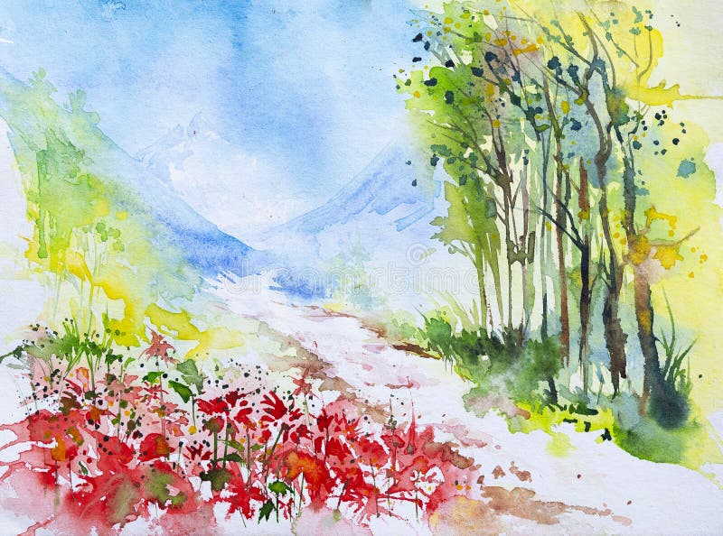 Nice watercolor painting, spring, red flowers on full bloom beside a mountain road, mountains in distant horizon. Hand painted