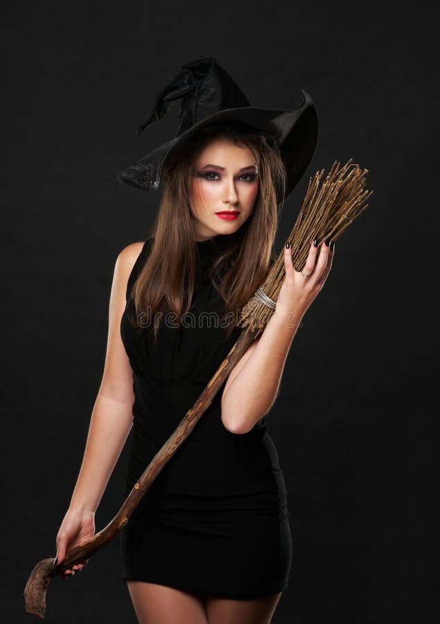 Sweet Halloween Witch Posing Under the Stars Stock Photo - Image of ...