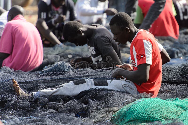 Nicht identifizierte senegalesische Leute machen Fischernetze auf der Küste O stockbilder Nicht identifizierte senegalesische Leute machen Fischernetze auf der Küste O stockbilder