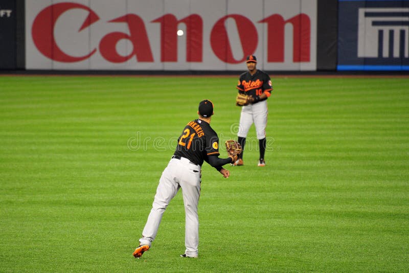 Baltimore Orioles, Nick Markakis and Adam Jones Warming Up in outfield at Yankees Stadium.