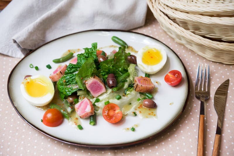 Nicoise tuna salad recipe made with fresh vegetables, boiled eggs, tuna, and olive oil royalty free stock photography Nicoise tuna salad recipe made with fresh vegetables, boiled eggs, tuna, and olive oil royalty free stock photography