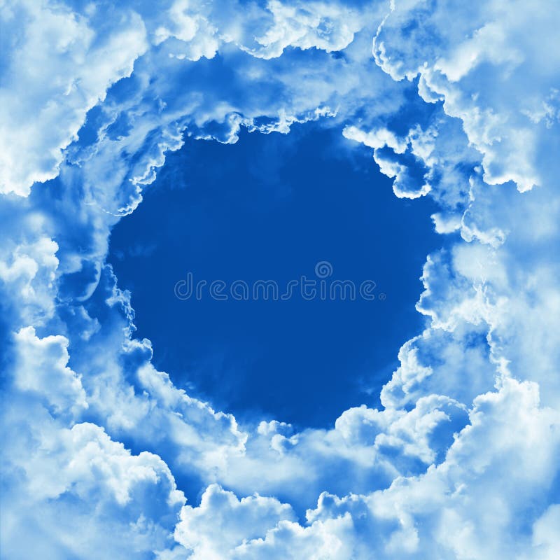 Sky with beautiful light clouds. Cloudy border, round frame, template. Religion concept heavenly sky background. Sunny day, divine shining heaven. Peaceful nature background. Sky with beautiful light clouds. Cloudy border, round frame, template. Religion concept heavenly sky background. Sunny day, divine shining heaven. Peaceful nature background