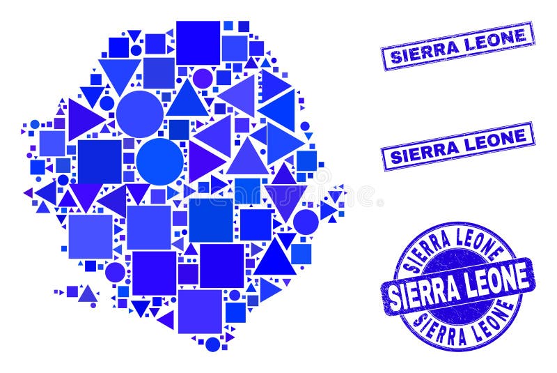Niebieska geometryczna mapa mozaiki sierra leone i uszczelnienia royalty ilustracja
