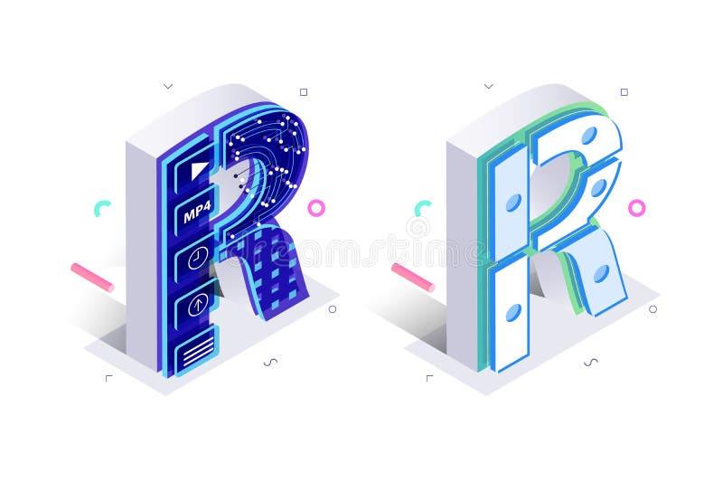 Niebieska litera 3d izometryczna R wykonana z wirtualnego stylu komórkowego royalty ilustracja