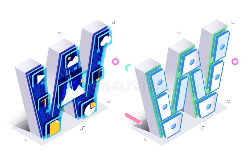 Niebieska litera 3d izometryczna W z wirtualnym stylem internetowym ilustracji