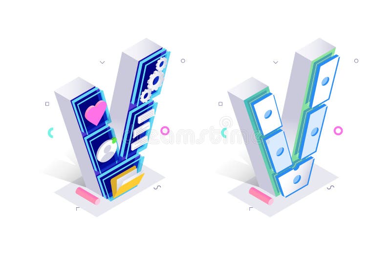 Niebieska litera V izometryczna 3d z wirtualnym stylem komórkowym ilustracja wektor