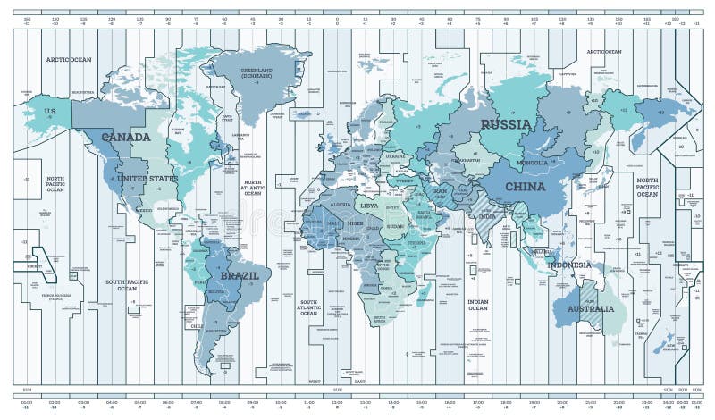 Niebieska mapa strefy czasowej. szczegółowa mapa świata z nazwami krajów