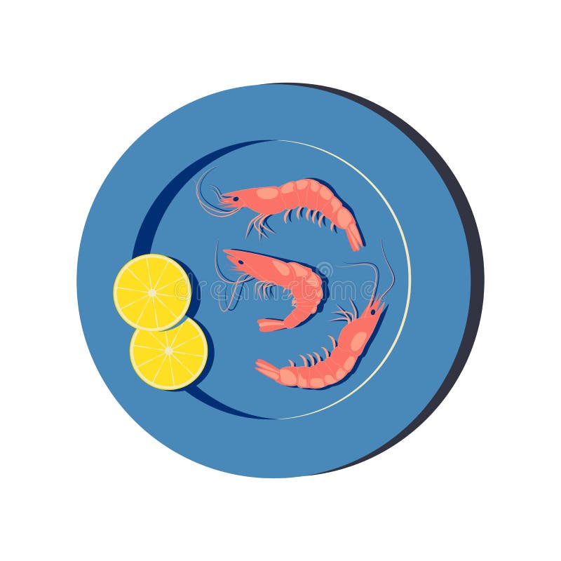 Blue plate with shrimp and slices of lemon. Cooked boiled, fried, grilled seafood, tiger shrimps, langoustines. View from above. Vector illustration on a white background. Blue plate with shrimp and slices of lemon. Cooked boiled, fried, grilled seafood, tiger shrimps, langoustines. View from above. Vector illustration on a white background