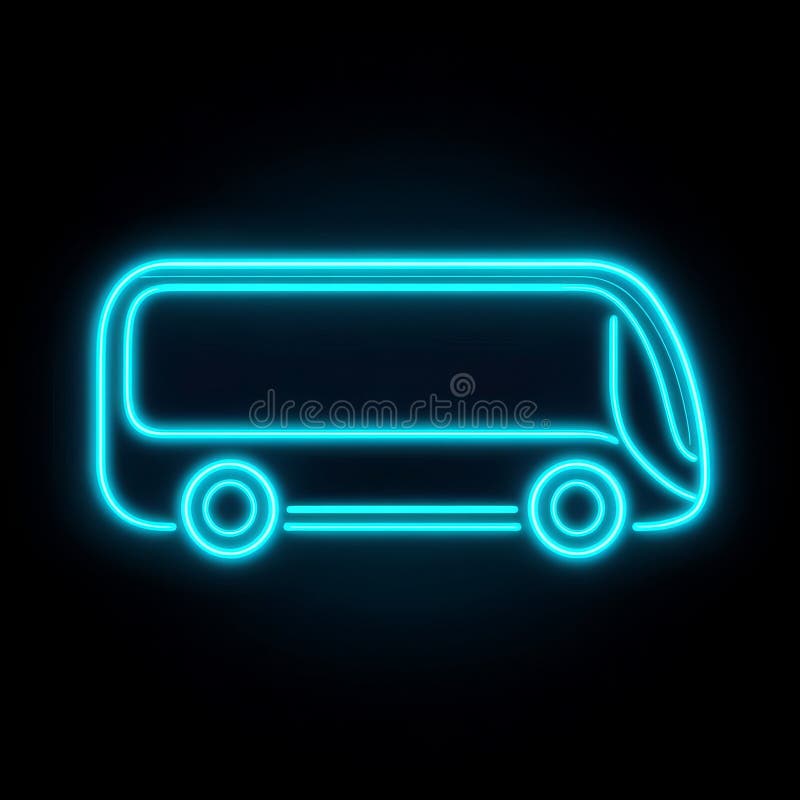 Niebieski neon symbol autobusu z błyszczącymi reflektorami kierującymi się w prawo na czarnym tle zdjęcie royalty free
