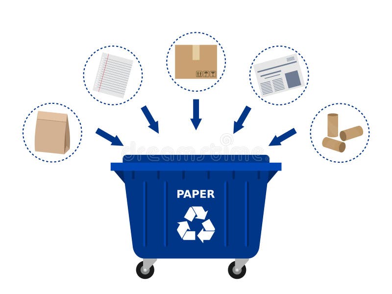 Niebieskie śmietniki przemysłowe i produkty papiernicze nadające się do recyklingu. royalty ilustracja