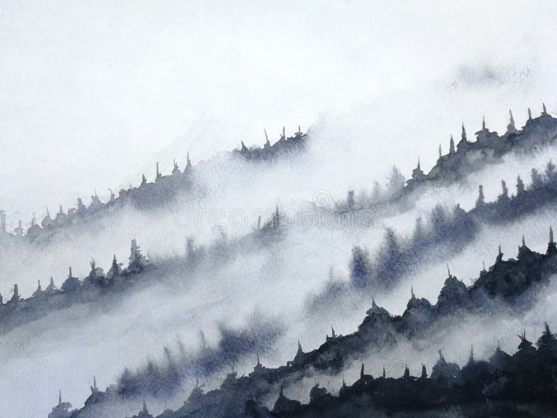Niebla de la monta?a del paisaje de la tinta de la acuarela estilo oriental tradicional del arte de Asia de la tinta mano dibujad ilustración del vector Niebla de la monta?a del paisaje de la tinta de la acuarela estilo oriental tradicional del arte de Asia de la tinta mano dibujad ilustración del vector