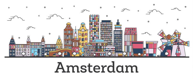 Niederländische Stadt-Skyline Entwurfs-Amsterdams mit den Farbgebäuden lokalisiert auf Weiß