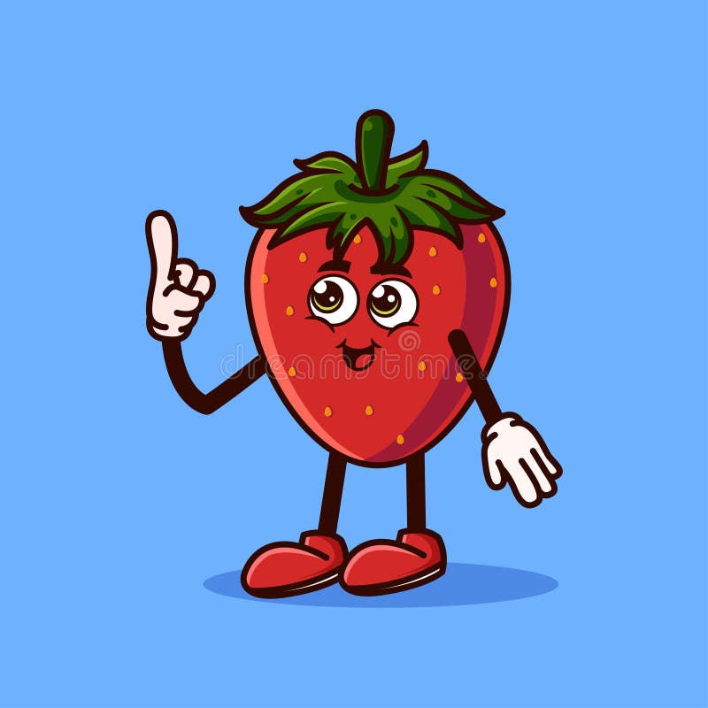 Niedliche Erdbeere Frucht Charakter mit glücklichen Gesicht und Geste nach oben zeigen. Obstzeichen-Icon-Konzept isoliert. Emoji-A stock abbildung