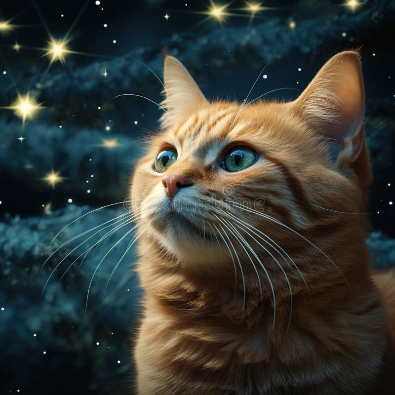 Niedliche Ingwerkatze auf dem Hintergrund eines Nachthimmels mit Sternen. Banner. ai generative ai lizenzfreie abbildung