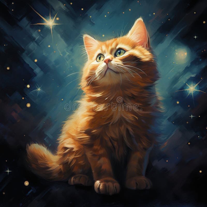 Niedliche Ingwerkatze auf dunklem Hintergrund mit Sternen und Weltraum. ai generative ai stock abbildung