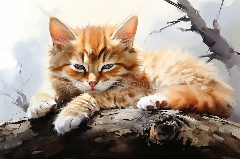 Niedliche Ingwerkatze auf einem Baumstamm. digitale Malerei. generative ai generative ai ai lizenzfreie abbildung