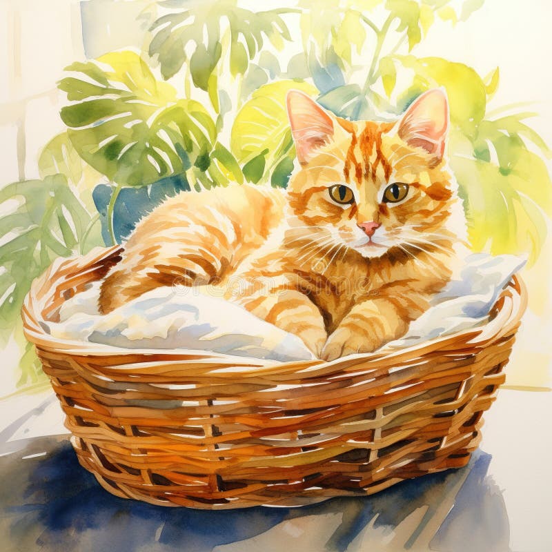 Niedliche Ingwerkatze in einem Korb. Aquarellmalerei. ai generative ai stock abbildung