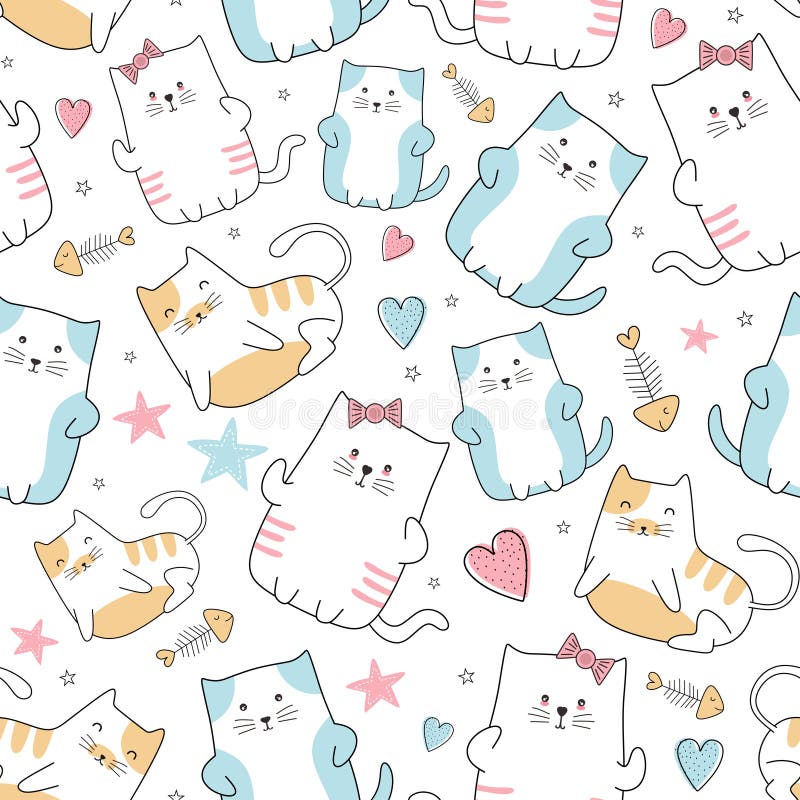 Niedliche Katze nahtlose Muster mit bunten Kindergarten Hintergrund für Mode Textil Verpackung und Druck. Zeigerzeichnung vektor abbildung