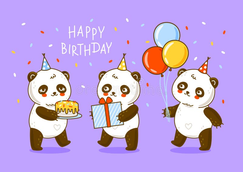 Niedliche Panda Bären mit süßen Kuchen und Geschenk und Luftballons Cartoon-Figuren zum Geburtstag Grußkarte Design