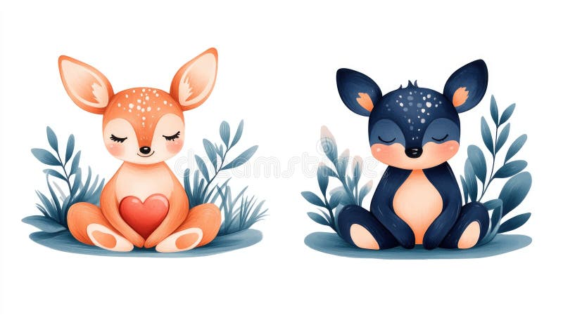Niedliche Tierkarikatur : orange und blaue Hirsche mit Herz und Blättern. Februar. Tag der glücklichen Valentine stock abbildung
