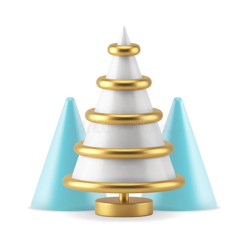 Niedliche weiße goldene Streifen Weihnachtsbaum auf Stack blauen Kegel geometrische Dekoration realistischen 3D-Icon Vektor stock abbildung
