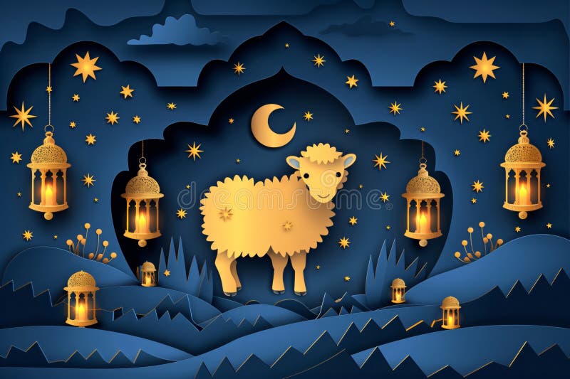 Niedlicher Cartoon opfert Schafe auf blauem Hintergrund mit Sternen und Halbmond. ramadinisch vektor abbildung