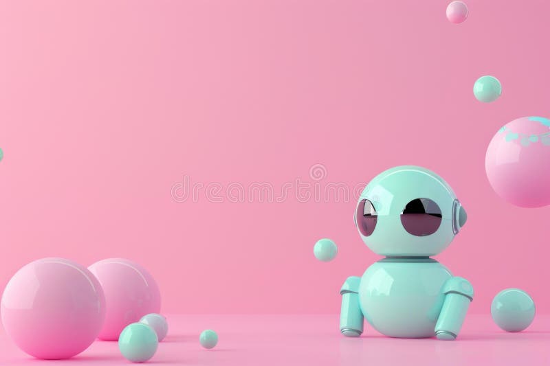 Niedlicher Roboter sitzend auf rosa Hintergrund umgeben von Kugeln vektor abbildung