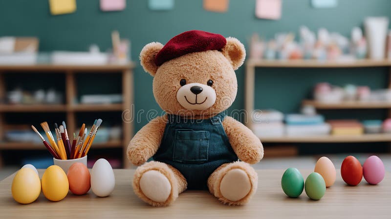 Niedźwiedź brązowy w niebieskich kombinezonach siedzi wśród kolorowych jaj wielkanocnych w klasie Childs Generative AI