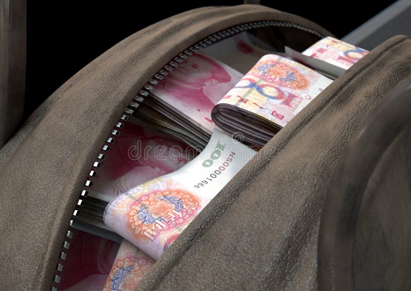A smuggling concept depicting an open brown leather duffel bag revealing bundles of illicit rolled chinese yuan notes - 3D render. A smuggling concept depicting an open brown leather duffel bag revealing bundles of illicit rolled chinese yuan notes - 3D render