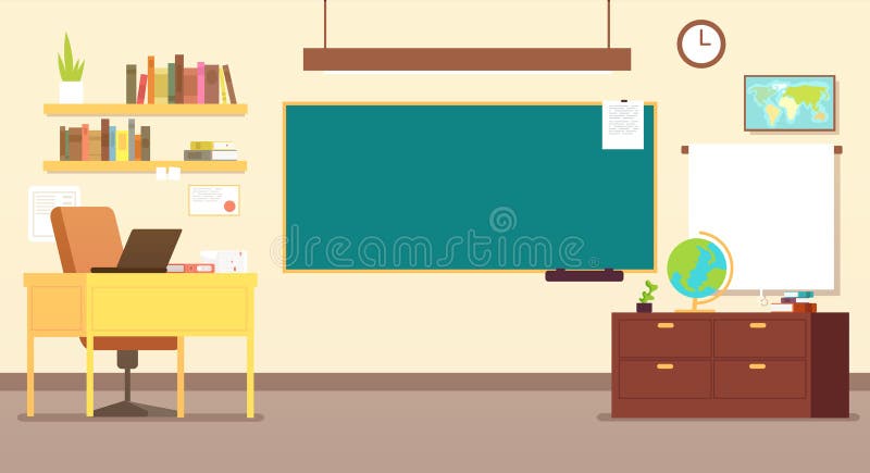Niemand schoolt klaslokaalbinnenland met lerarenbureau en bord vectorillustratie