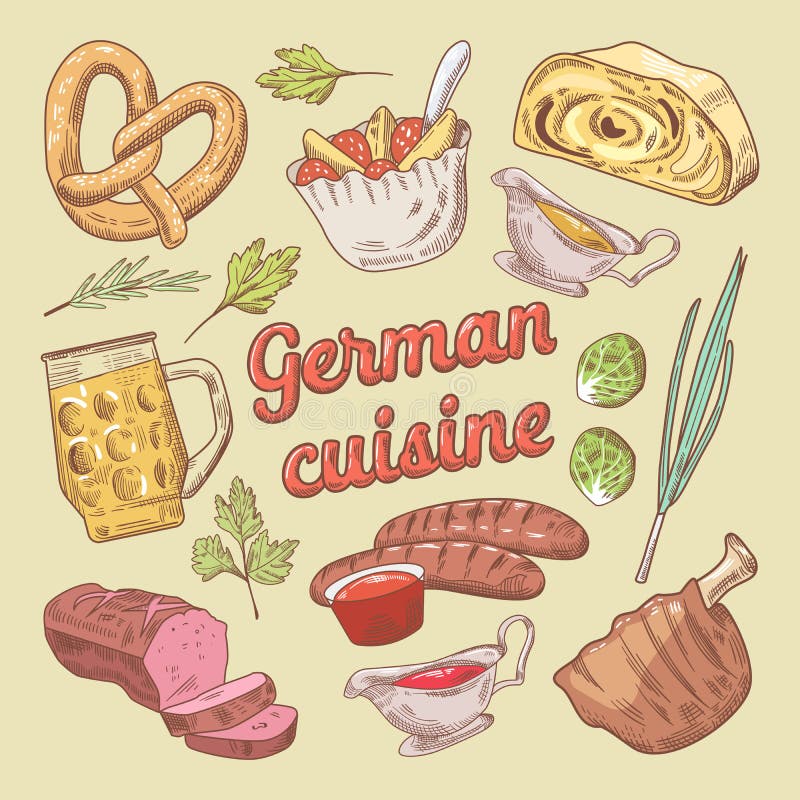 Niemieckiej kuchni Karmowy Doodle z kiełbasami i wieprzowina gulaszem szczotkarski węgiel drzewny rysunek rysujący ręki ilustracy royalty ilustracja Niemieckiej kuchni Karmowy Doodle z kiełbasami i wieprzowina gulaszem szczotkarski węgiel drzewny rysunek rysujący ręki ilustracy royalty ilustracja