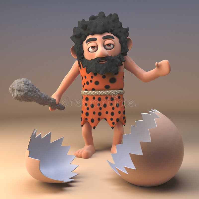 Niemy caveman dzikusa charakter z klubów spojrzeniami przy łamanym dinosaura eggshell, 3d ilustracja royalty ilustracja Niemy caveman dzikusa charakter z klubów spojrzeniami przy łamanym dinosaura eggshell, 3d ilustracja royalty ilustracja