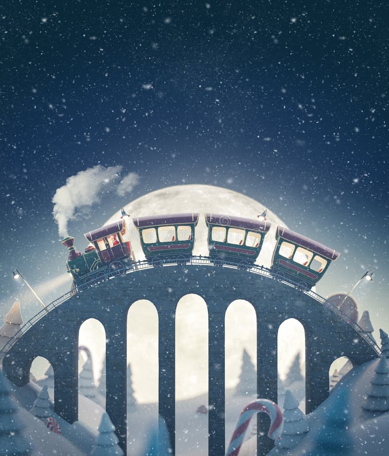 Amazing cute Santa`s christmas train goes by a brige in north pole. Unusual christmas 3d illustration. Amazing cute Santa`s christmas train goes by a brige in north pole. Unusual christmas 3d illustration