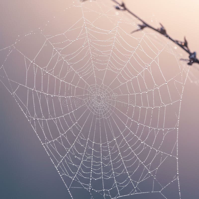 Niespodziewanie tkana pajęczyna ozdobiona krople rosy tworząca delikatną lacejak ilustracji