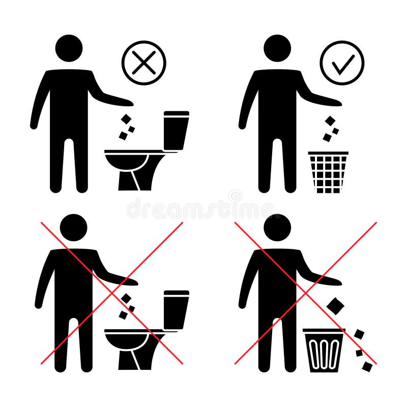 Niet Strooien in De Wc. Zonder Vuilnis. Het Schoonhouden. Spoel Geen Papieren Handdoeken Maandpictogrammen. Vector Illustratie - Illustration of vloed, houder: 214062188