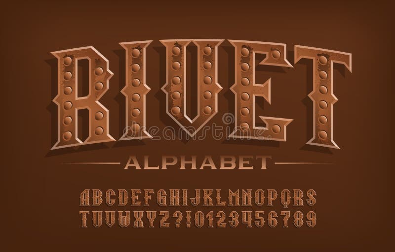 Rivet alphabet font. Steampunk rusty letters and numbers. Stock vector typescript for your design. Rivet alphabet font. Steampunk rusty letters and numbers. Stock vector typescript for your design.