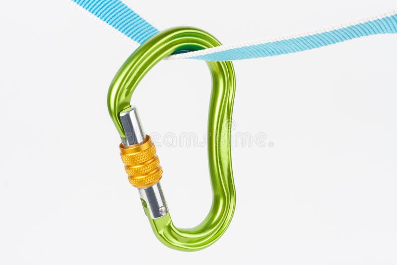 New green  HMS  carabiner, screw lock snap hook, climbing  equipment  on  sewn loop sling on white background. New green  HMS  carabiner, screw lock snap hook, climbing  equipment  on  sewn loop sling on white background.