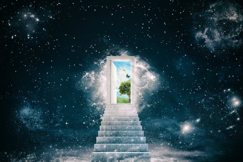 Staircase leads to a door that opens to a new world. Staircase leads to a door that opens to a new world