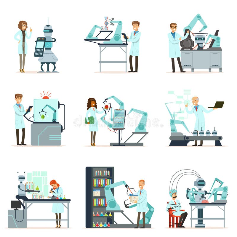Nieuwe technologieën, kunstmatige intelligentiereeks die, wetenschappers in het laboratorium met robotachtige machinesvector werk vector illustratie Nieuwe technologieën, kunstmatige intelligentiereeks die, wetenschappers in het laboratorium met robotachtige machinesvector werk vector illustratie