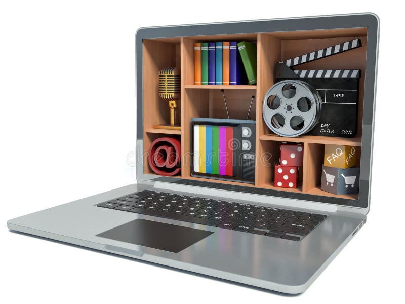 Nieuwe technologieën Laptop Het concept van verschillende media vector illustratie Nieuwe technologieën Laptop Het concept van verschillende media vector illustratie